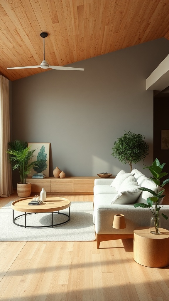 A minimalist living room with wood ceiling, light sofa, and plants.