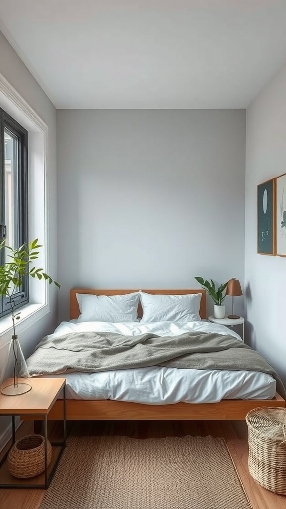 A small bedroom with wooden furniture, soft bedding, and a plant by the window.