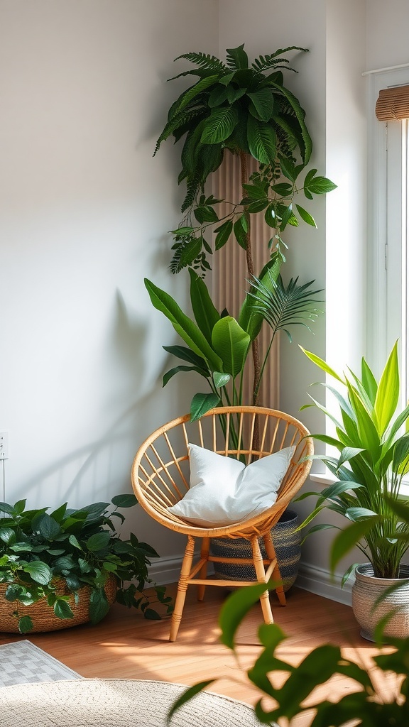 A sustainable rattan accent chair surrounded by plants in a bright room.