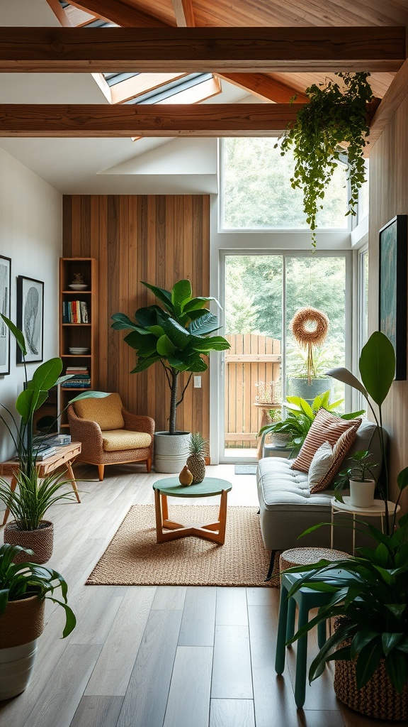 Cozy living room with wooden beams, plants, and natural decor