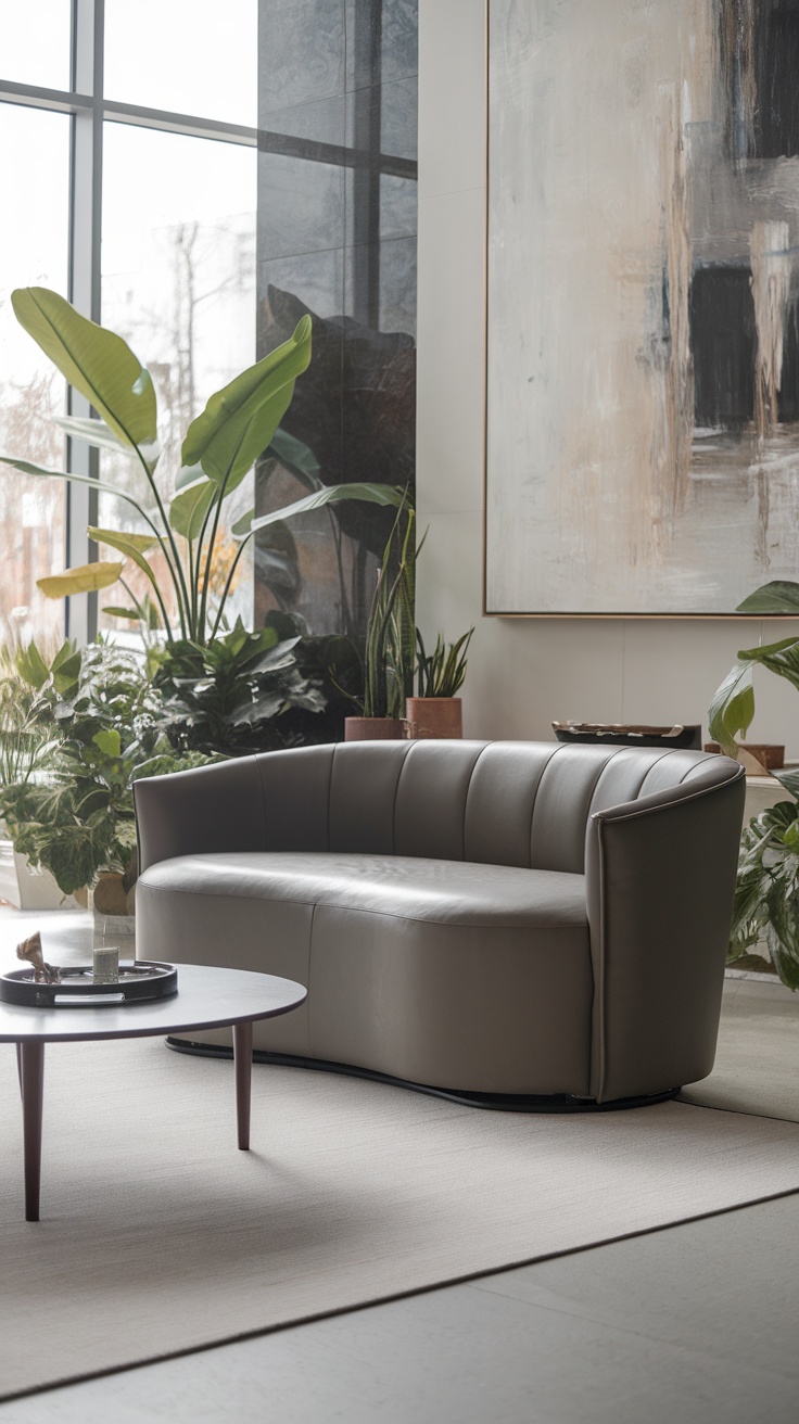 A modern swivel sofa in a stylish living room with a cozy ambiance.