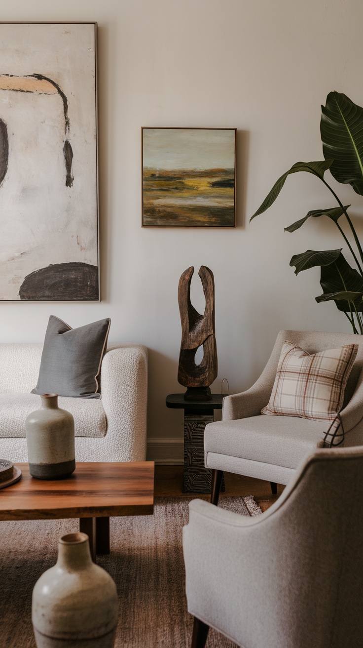 A stylish living room featuring neutral furniture, decorative pillows, botanical prints on the wall, and a cozy atmosphere.