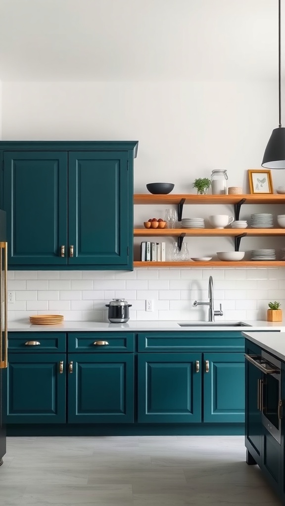 A modern kitchen with teal cabinets and light wood shelves, showcasing a stylish and vibrant design.