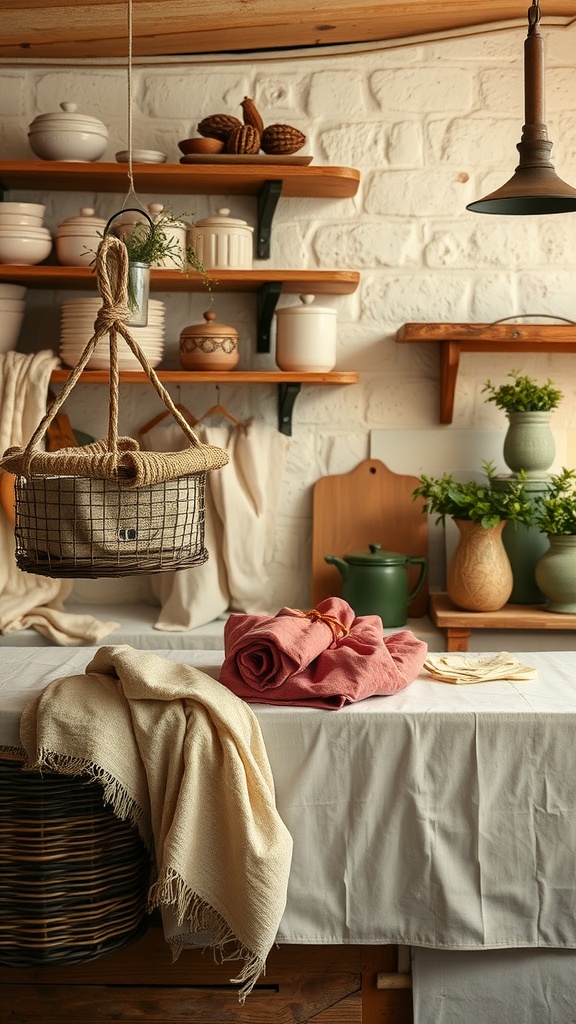A rustic kitchen with textured fabrics and linens, featuring cream-colored textiles, colorful rolled towels, and wooden shelves filled with dishware.