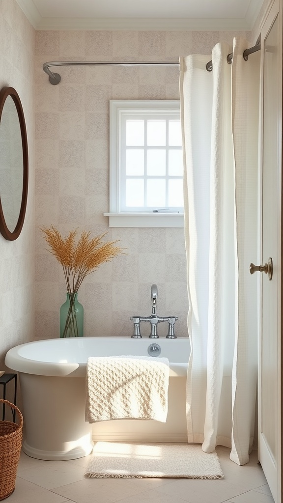 Coastal bathroom featuring a white bathtub, textured shower curtain, and natural decor elements.