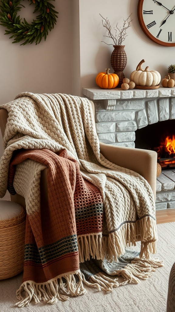 A cozy textured knit throw in warm colors draped over a chair near a fireplace decorated for fall.