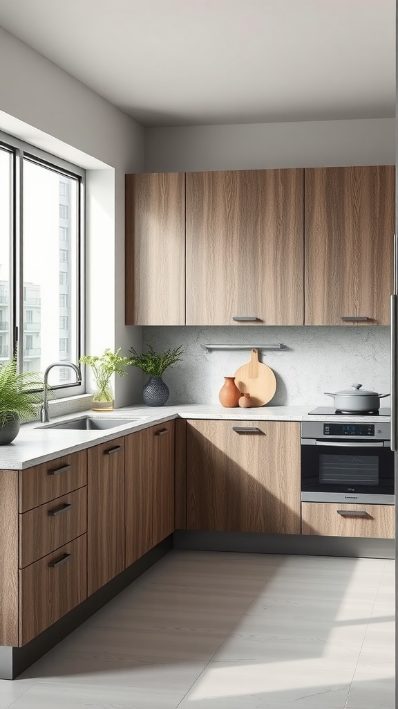 A modern kitchen featuring textured laminate cabinets in a warm wood finish with a clean countertop and simple decor.