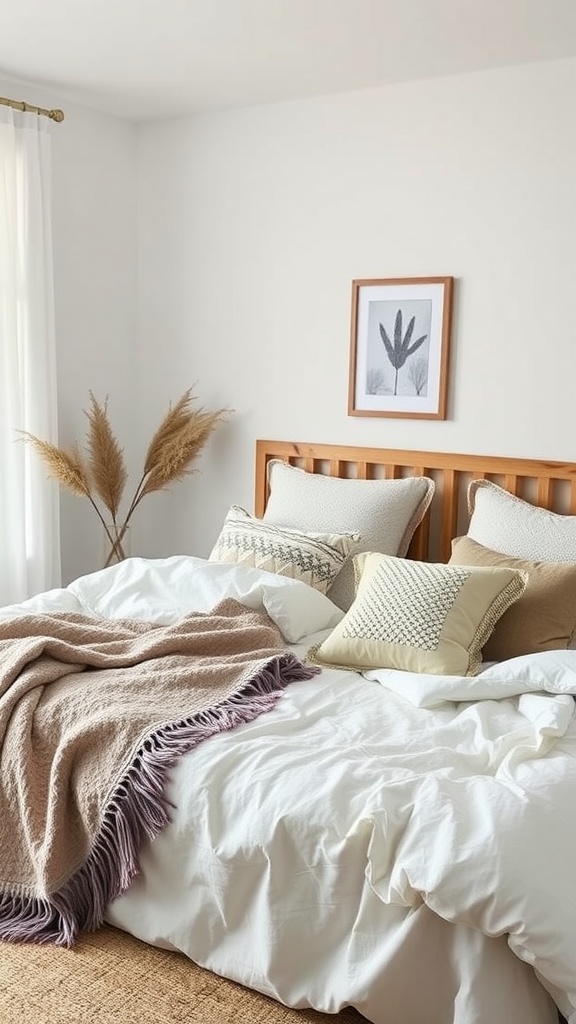 A Scandinavian bedroom featuring textured layering with a cozy bed, decorative pillows, and a plant.