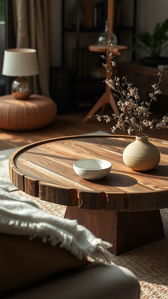 A wooden coffee table styled with a vase of dried flowers and a ceramic bowl, draped with a cozy throw.