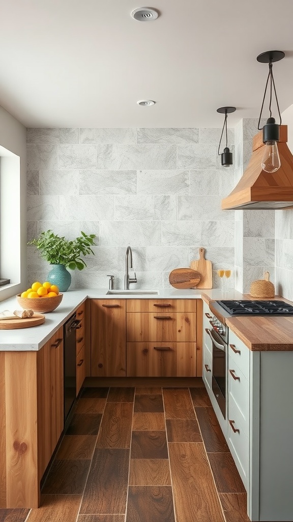 A modern kitchen with wooden cabinetry, light stone walls, and a blend of natural elements.