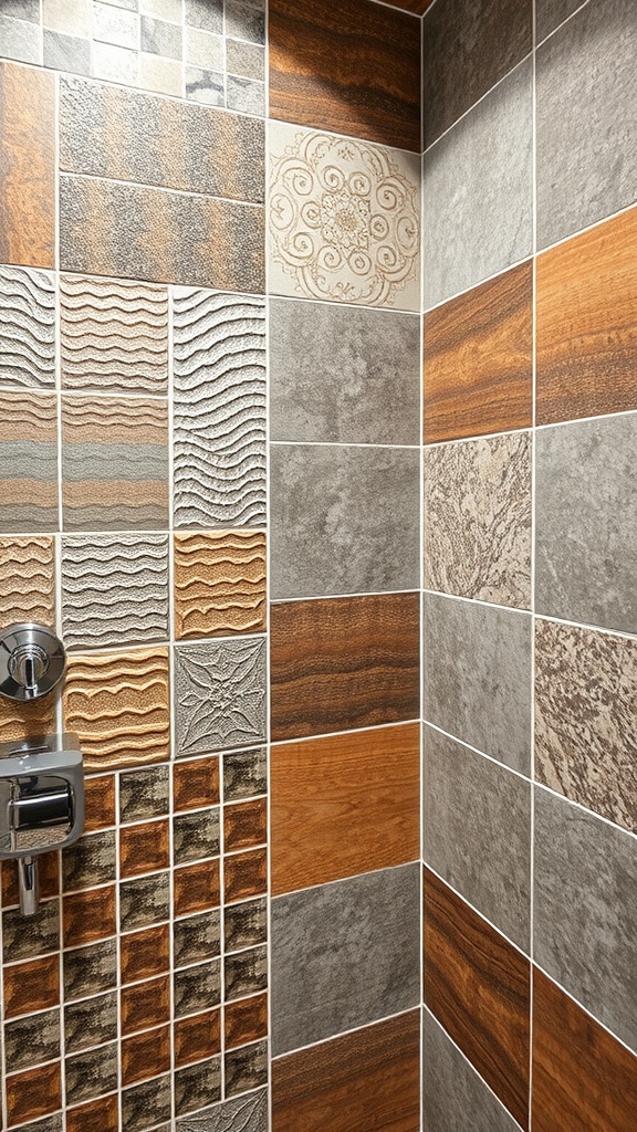 A bathroom wall featuring a variety of textured tiles in different colors and patterns.