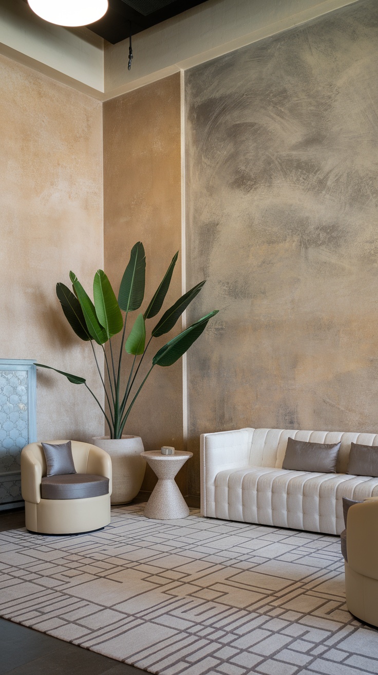 A modern living room with textured walls, minimalist furniture, and stylish decor.