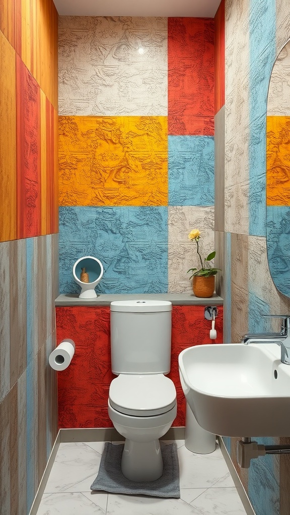 Colorful bathroom with textured wall panels in varying shades