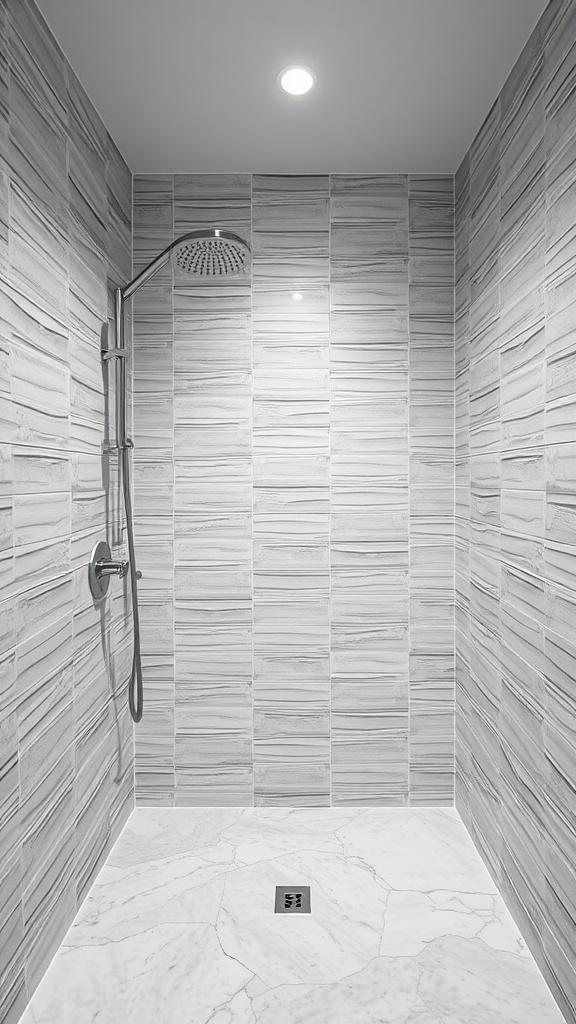 Modern shower with textured wall panels and marble floor