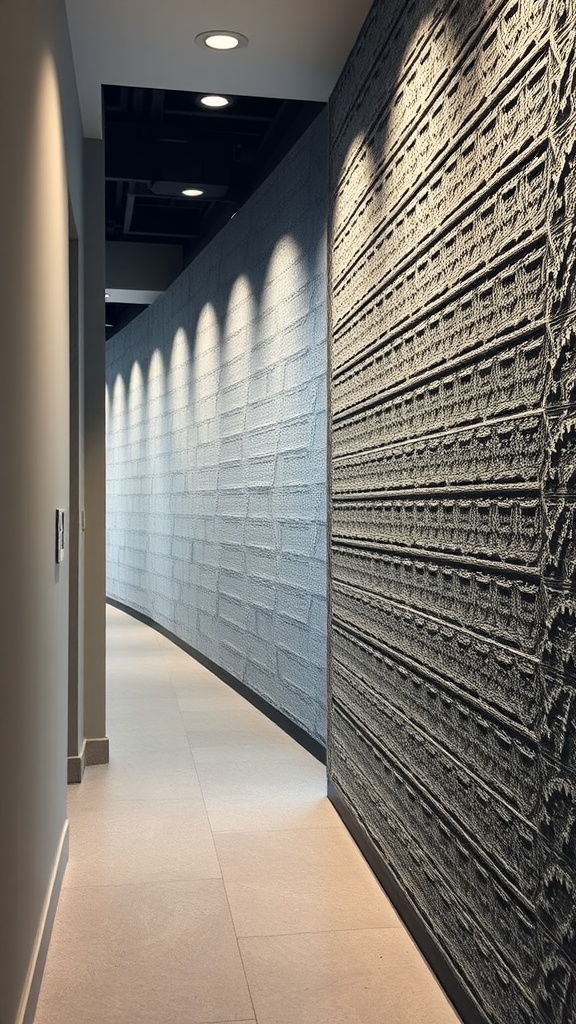 A hallway featuring textured wall panels illuminated by soft lighting.