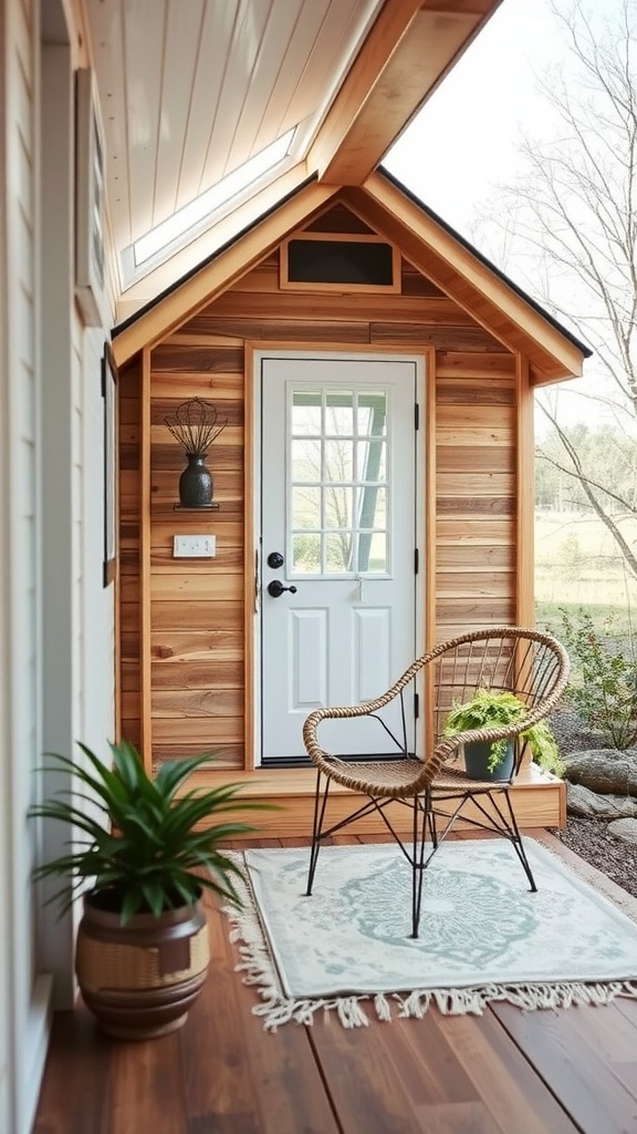 Cozy tiny house entryway with wooden walls, a white door, a chair, and a plant.
