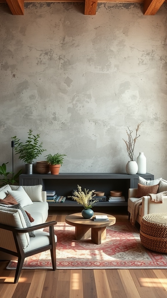 Cozy boho living room with a textured concrete wall, wooden beams, and soft furnishings.