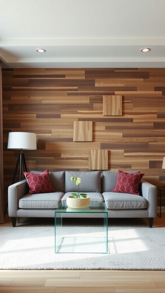 A contemporary living room featuring a textured wooden wall, a gray sofa with red pillows, and a glass coffee table.