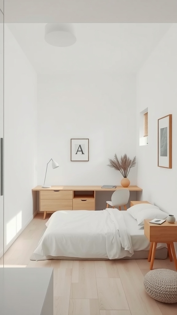 A minimalist small bedroom with a bed, wooden furniture, and a few decor elements.