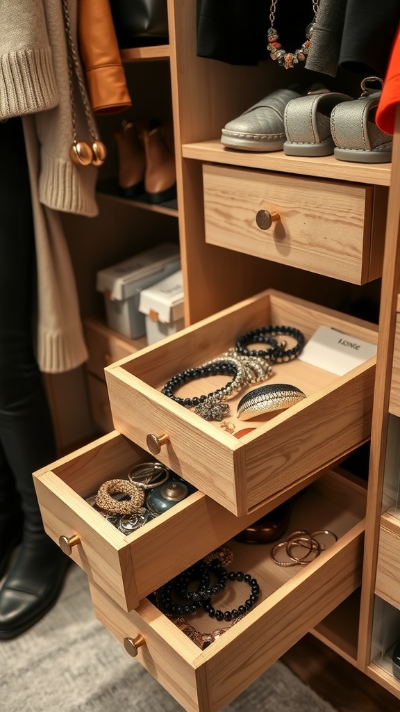 Pull-out wooden drawers in a closet displaying neatly organized jewelry and accessories.
