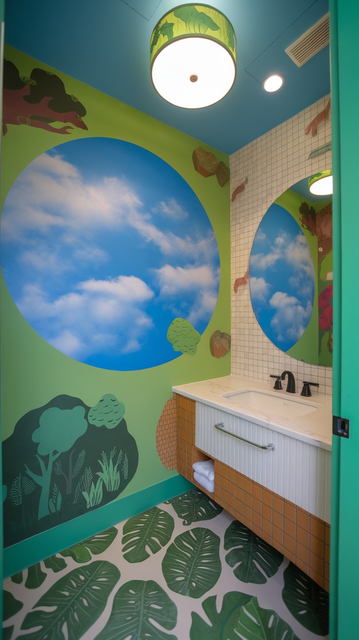 A colorful themed bathroom with blue walls, orange accents, decorative wall art, and a playful design.