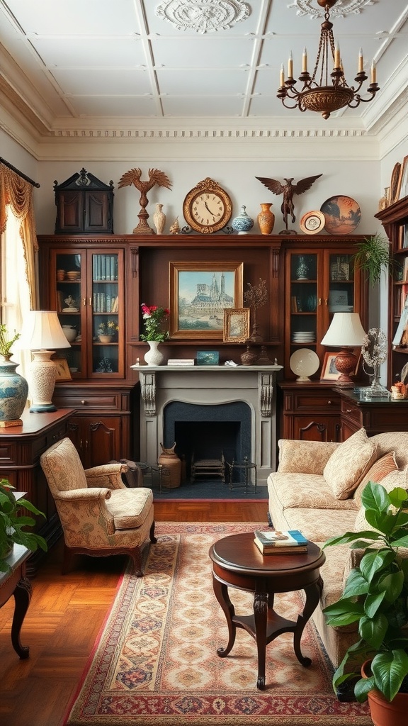A cozy Victorian living room featuring rich wood furniture, decorative collectibles, and plants