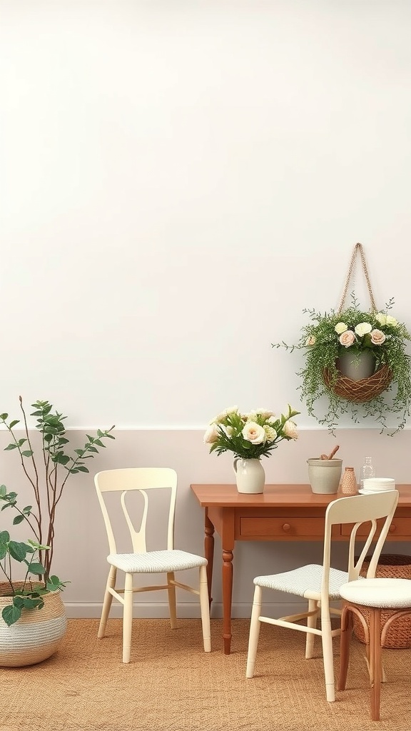 A cozy dining area featuring a wooden table, white chairs, and floral arrangements.