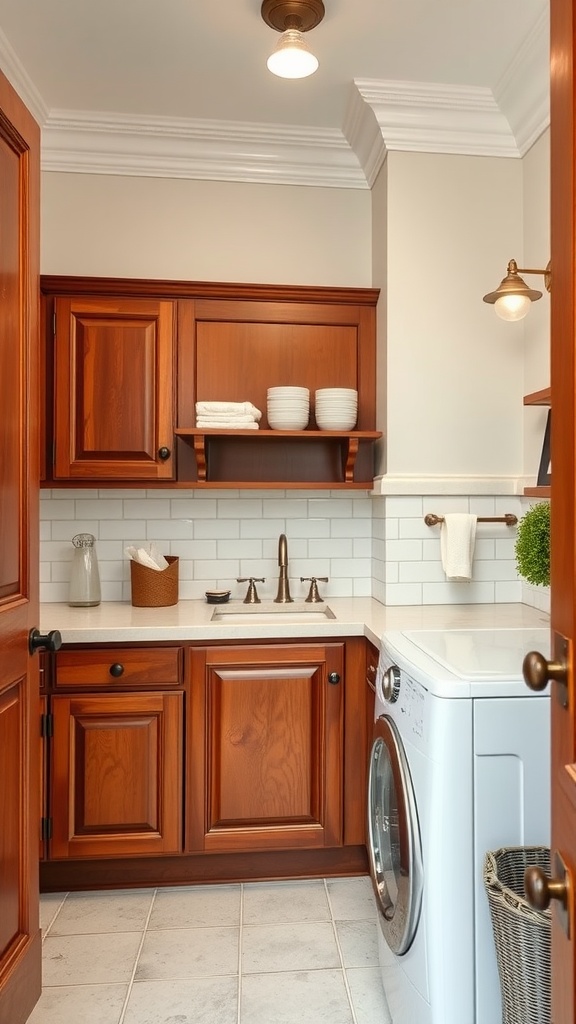 Traditional utility room featuring dark wooden cabinets, white countertops, and classic fixtures.