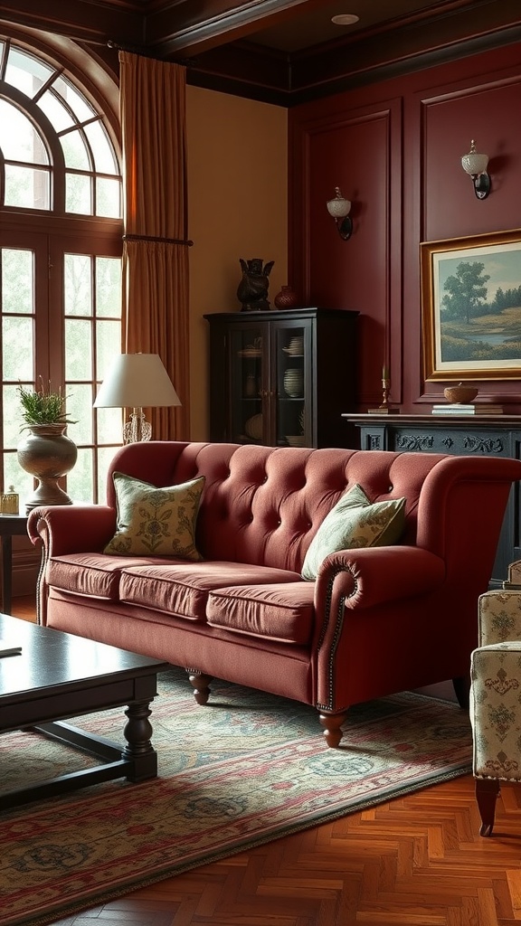 Traditional wingback sofa in a cozy living room setting