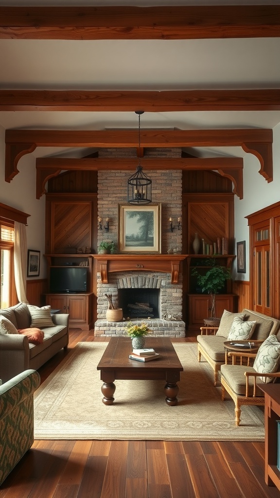 A cozy living room with wooden beams, stone fireplace, and comfortable furniture.