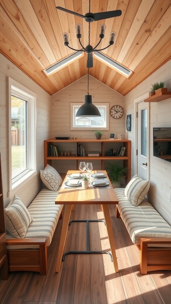 Bright and cozy tiny house dining area with wooden table and benches