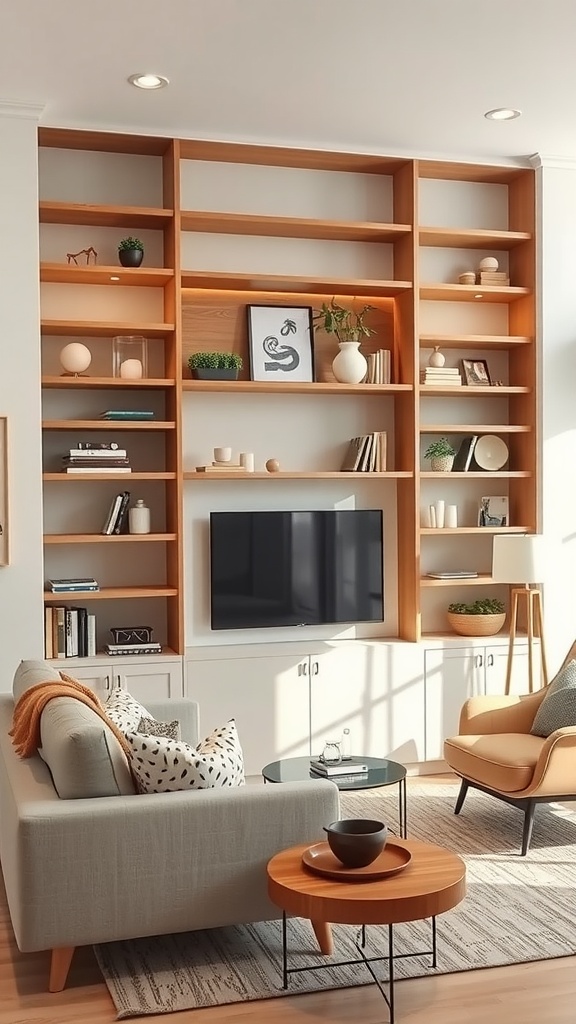 Living room with built-in multi-functional shelves, a television, and cozy seating