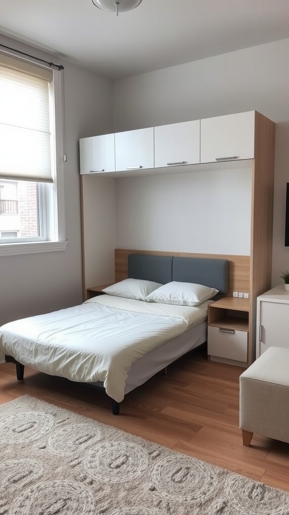 A small bedroom with a Murphy bed pulled down and neatly made, accompanied by storage cabinets above.