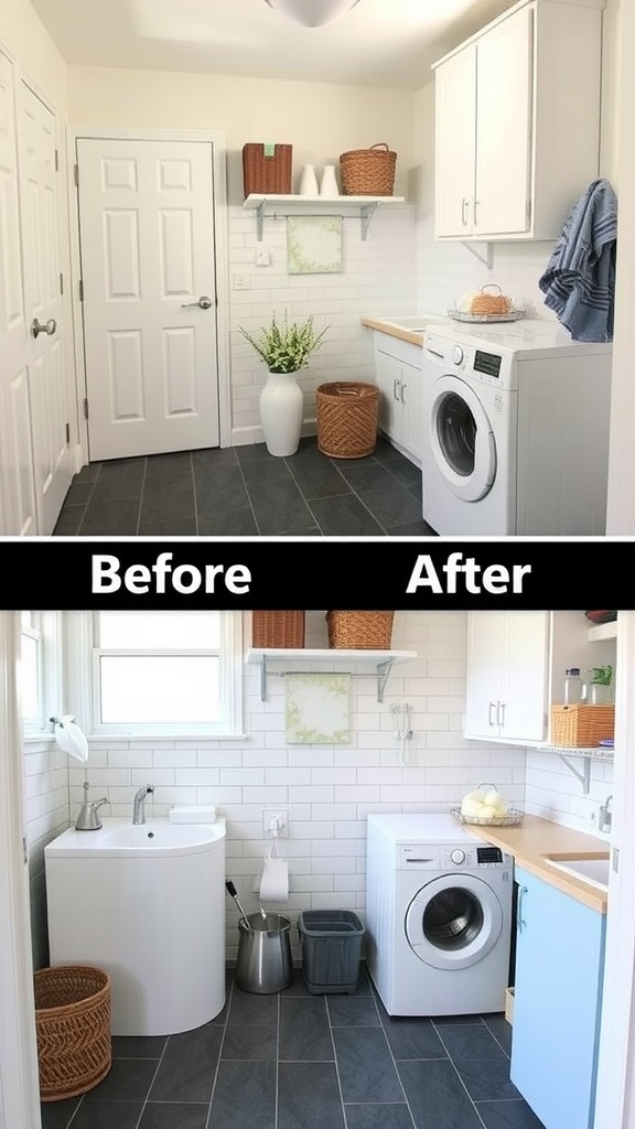 Before and after images of a utility room transformation.