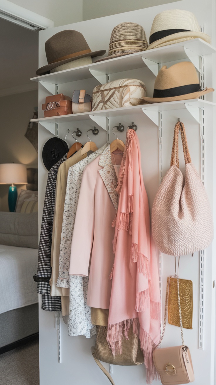 A cozy closet with stylishly displayed clothing, bags, and shoes on a wooden door.