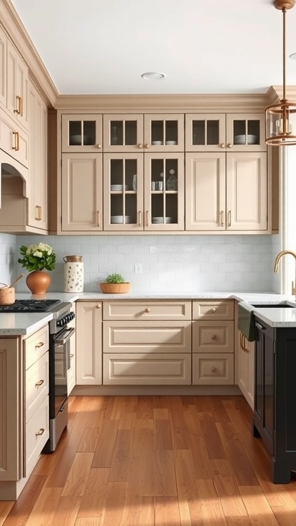 A kitchen with transitional style cabinets featuring glass-front upper cabinets and wooden flooring.