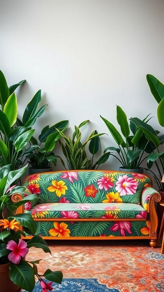 A vibrant tropical-inspired couch with floral patterns surrounded by green plants.