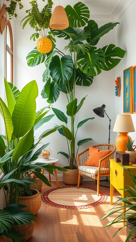 A cozy corner filled with tropical plants, a comfortable chair, and bright decorative elements.