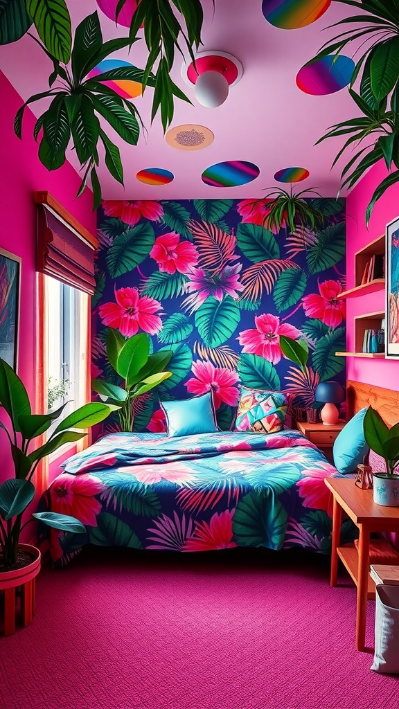 A colorful bedroom featuring tropical-themed décor with floral patterns and greenery.