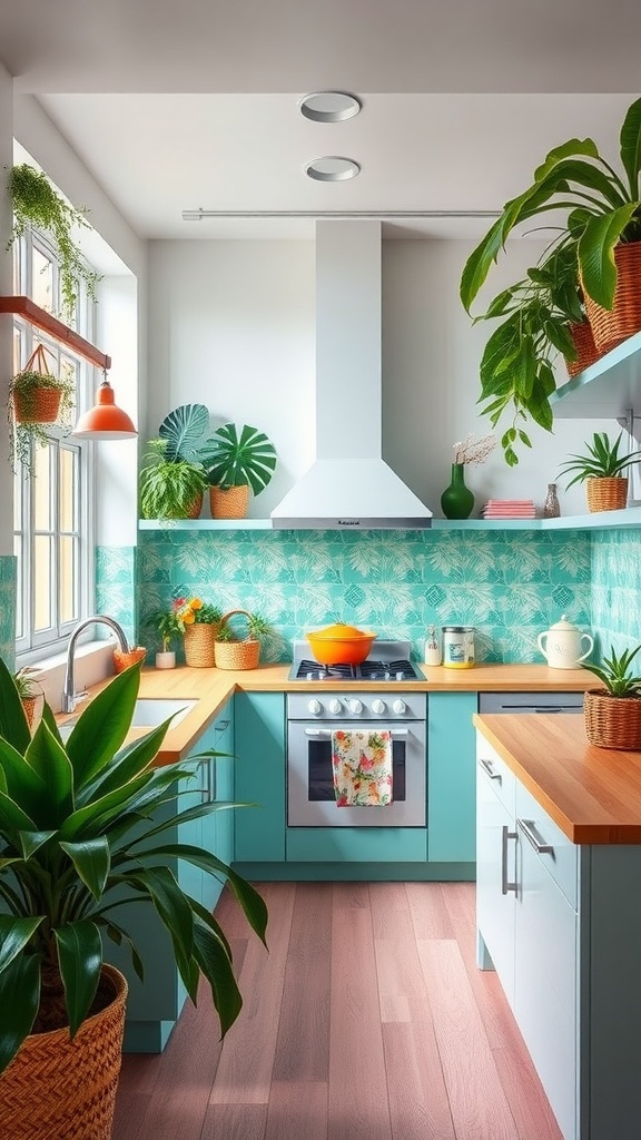 A bright kitchen with turquoise cabinets, wood countertops, and various plants, creating a tropical vibe.