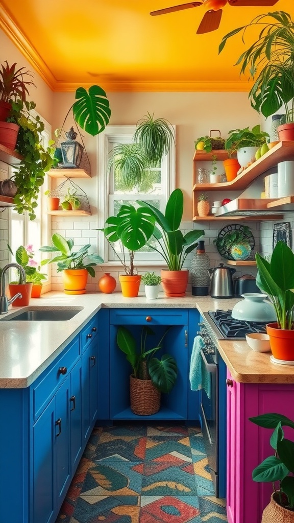 A vibrant kitchen with blue cabinetry, orange ceiling, and lots of plants