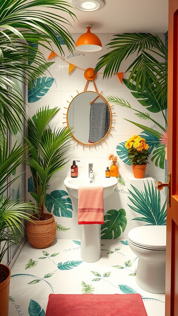 A vibrant tropical-themed bathroom with green foliage, warm colors, and a mirror.