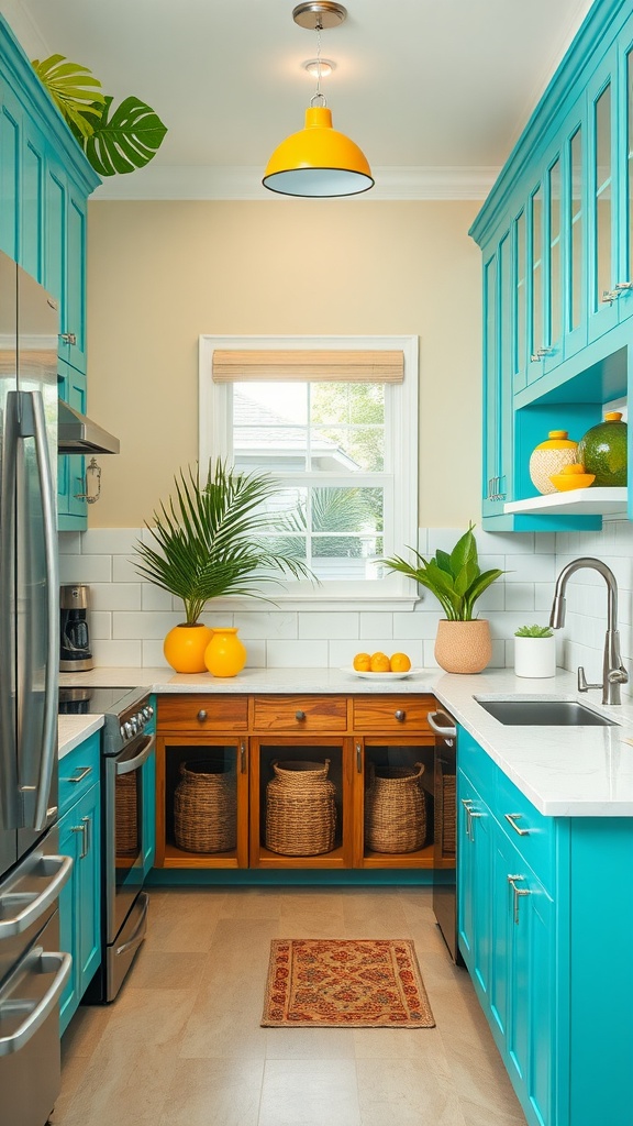 A bright turquoise kitchen with yellow pendant light, plants, and woven baskets