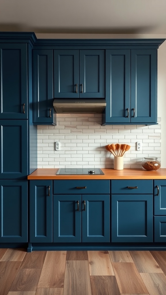 A kitchen featuring two-tone blue cabinets with a wooden countertop and a light backsplash.