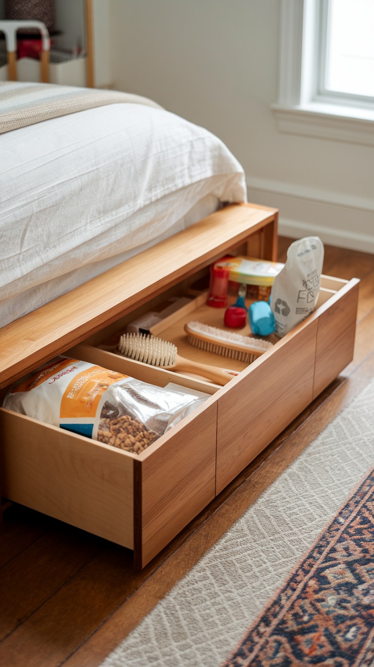 Storage box under a bed with puppies and pet supplies