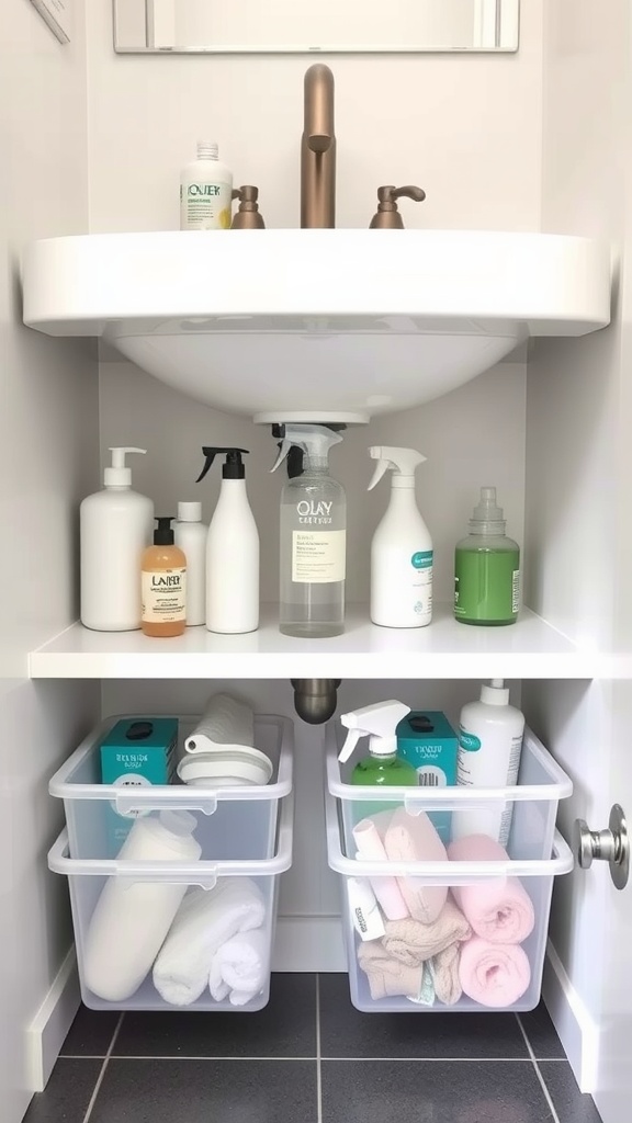 Under-sink storage bins with toiletries and towels organized neatly