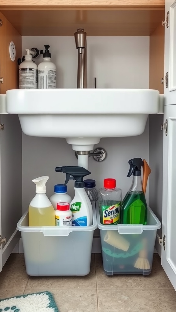 Organized under-sink storage with cleaning supplies in clear bins