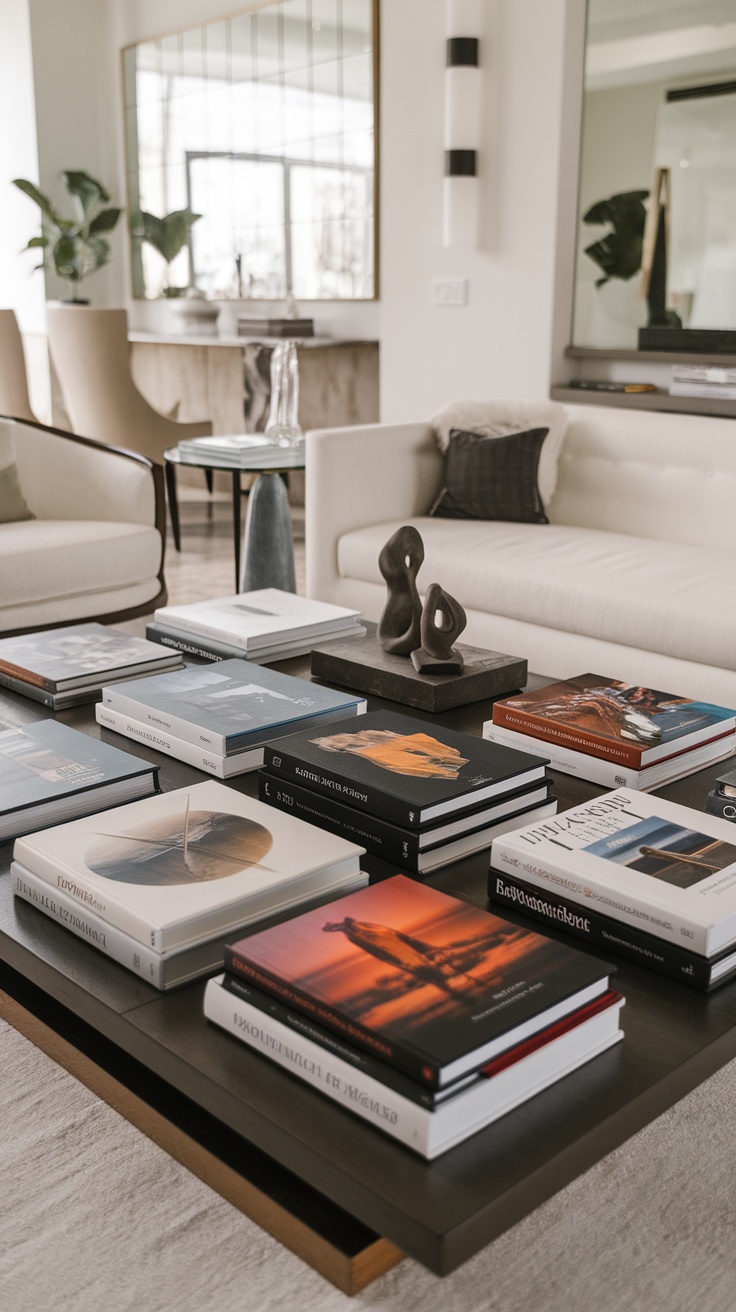 A stylish living room coffee table featuring a collection of unique coffee table books and decorative items.