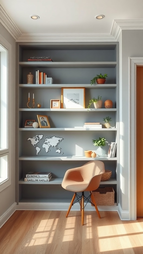 Cozy corner built-in shelves with books, plants, and a comfortable chair