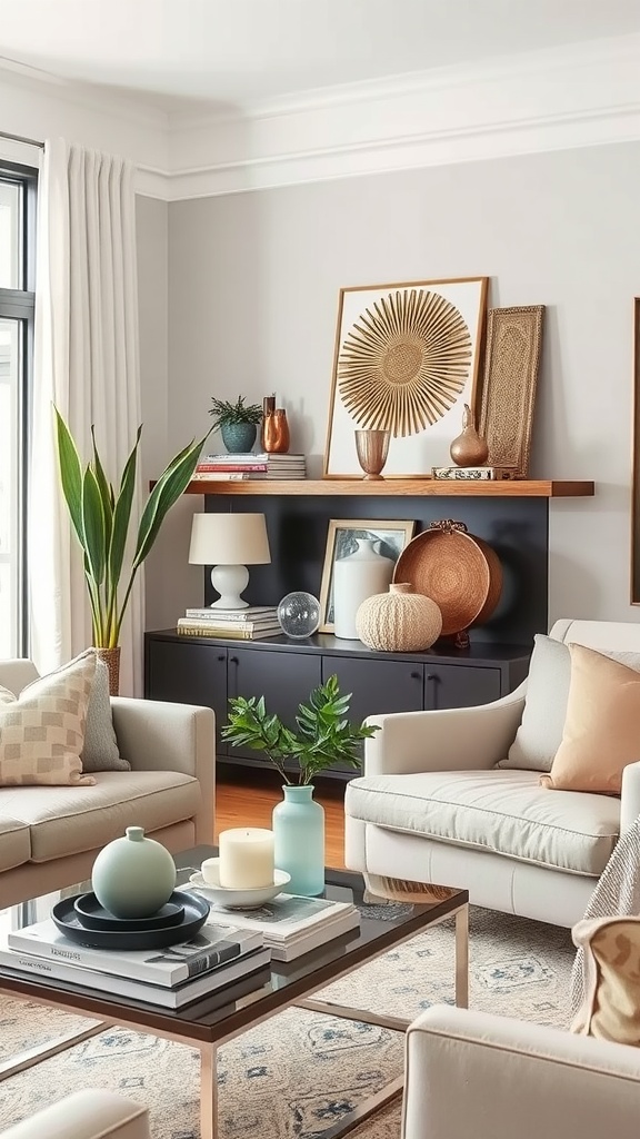 A beautifully designed living room with unique decorative objects including vases, artwork, and plants, showcasing a cozy and elegant atmosphere.